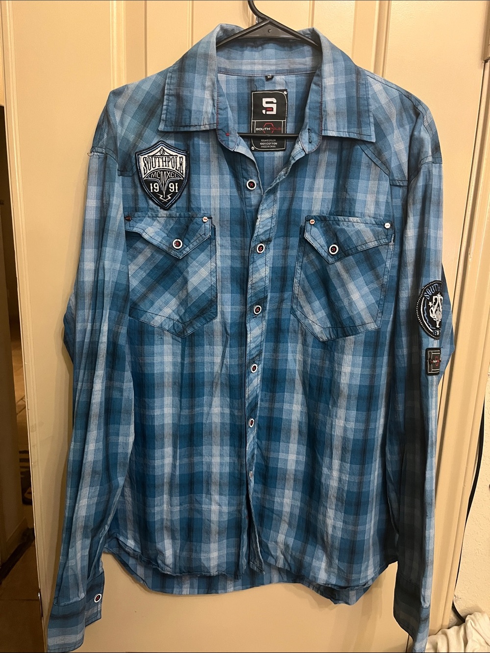 South Pole Blue Plaid Button-Down XL Long Sleeve Shirt